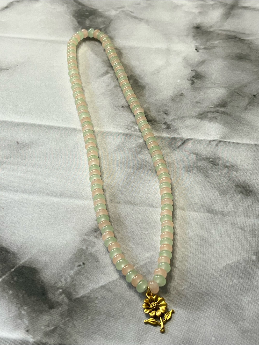 Gold Flower Charm Pink and Mint Beaded Necklace